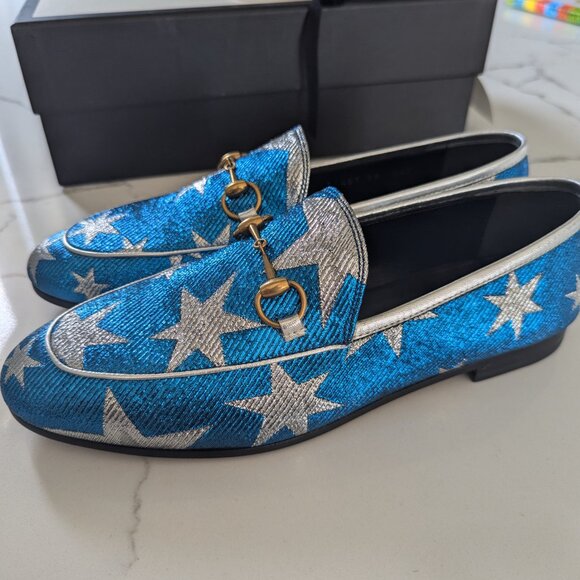Gucci Jordaan Star Lurex Loafer Blue Glitter Metallic size 38 NEW - Picture 1 of 12